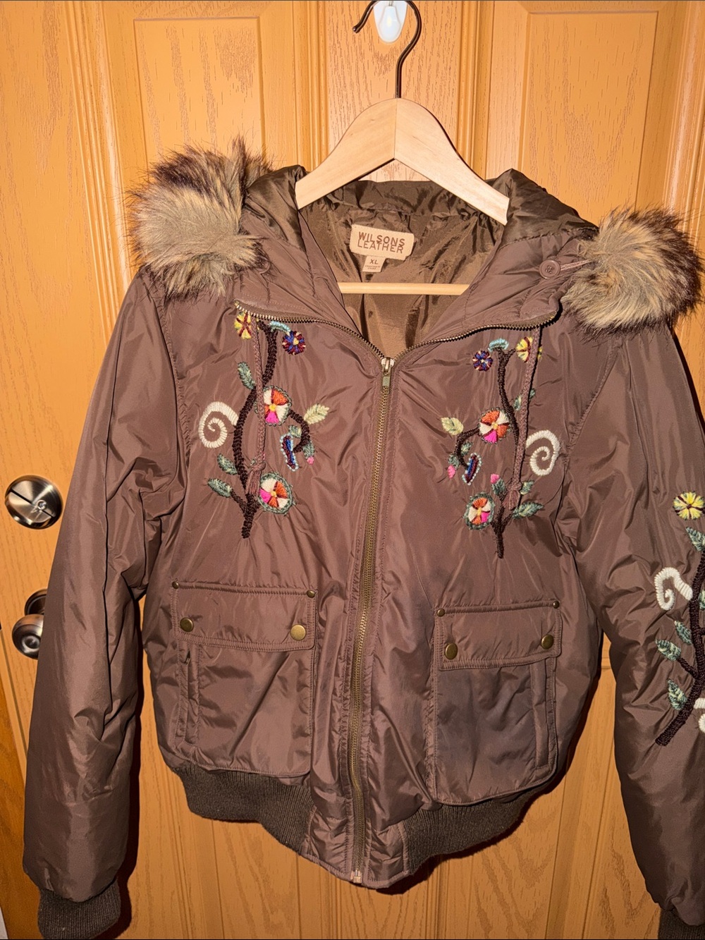Vintage Wilson Leather Brown Nylon Embroidered Bomber Jacket Faux-Fur Hood Trim